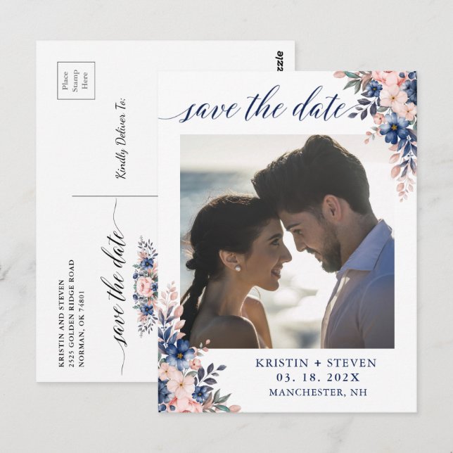 Chic Script Navy Peach Floral Foto Save the Date Postkarte (Vorne/Hinten)