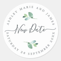 Chic Script New Date Postponed Wedding Label