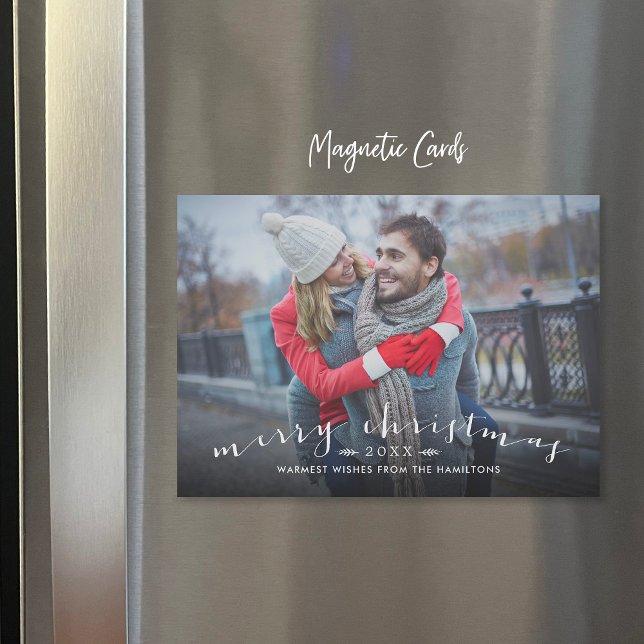 Chic Script Overlay Magnetic Christmas Foto Card Magnetkarte (Von Creator hochgeladen)