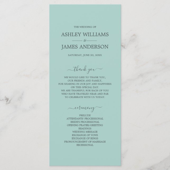 Chic Script Pastel Blue Einfache Minimale Hochzeit Programm (Vorderseite)