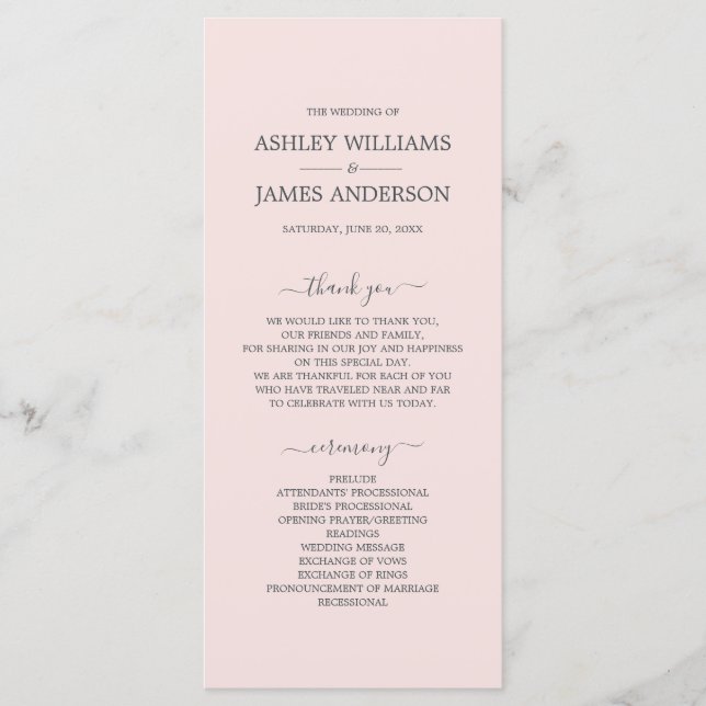 Chic Script Pastel Pink Einfache Minimale Hochzeit Programm (Vorderseite)