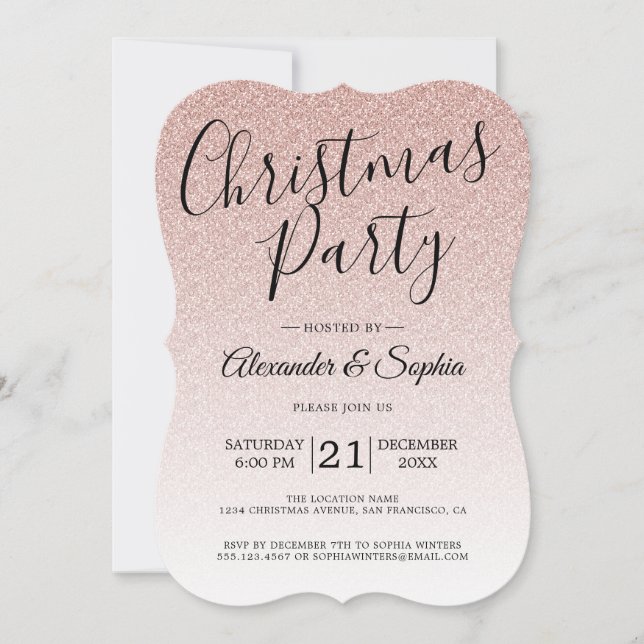 Chic Script Pink Glitzer Ombre Christmas Party Inv Einladung (Vorderseite)