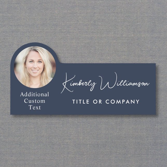 Chic Script Professional Blau Foto Namensschild (Chic Script Professional Blue Photo Name Tag)