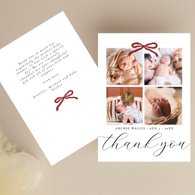 Chic Script Red Ribbon 4 Photo Baby Shower Dankeskarte (Von Creator hochgeladen)