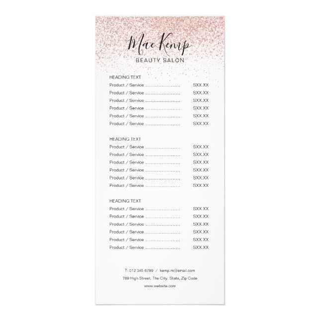 Chic Script Rose Gold Glitzer Salon Service Menü (Vorne)