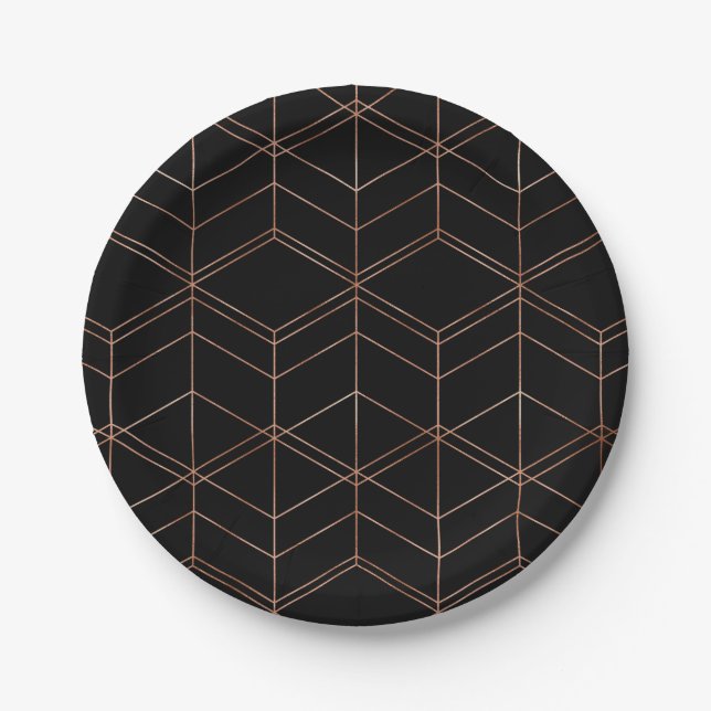 Chic Script Schwarz & Kupfer Geometrisches Muster Pappteller (Vorderseite)