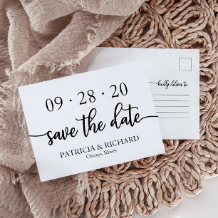 Chic Script Schwarz und Weiß Hochzeit speichern da Postkarte