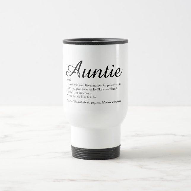 Chic Script Schwarz und Weiße Tante Tante Definiti Reisebecher (Mittel)