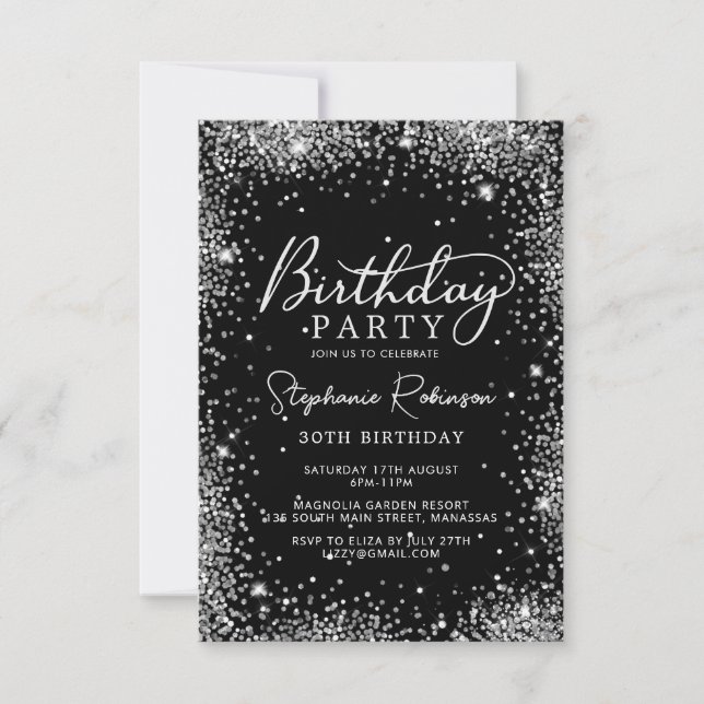 Chic Script Silver Glitzer Black 30. Geburtstag Einladung (Vorderseite)