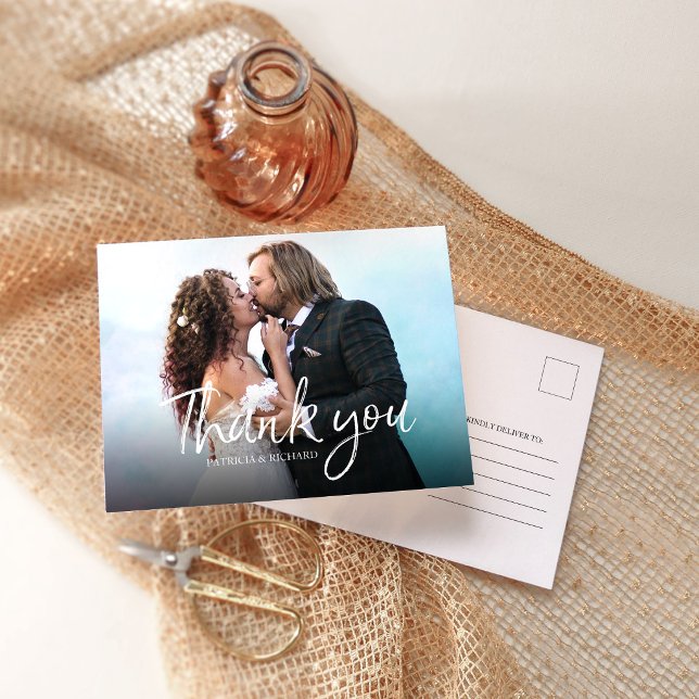 Chic Script Simple elegante Hochzeit Danke Foto Postkarte (Von Creator hochgeladen)