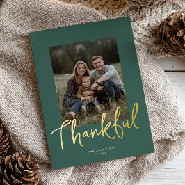 Chic Script Thanksgiving Photo Dark Green Gold  Folien Feiertagskarte