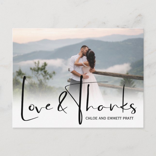 Chic Script Two Foto Wedding Vielen Dank Postkarte (Vorderseite)