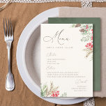 Chic Script Watercolor Wintergrün Hochzeit Menükarte<br><div class="desc">Genießen Sie den Geschmack Ihrer Gäste mit unserem Hochzeitsmenü. Auf beige,  sanftes Hintergrund,  Aquarell-Wintergrün,  Heilige Beeren,  Kiefernzapfen,  und Rahmen aus Blattwerk elegante Schrift und Serifentypografie.</div>