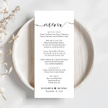 Chic Script Wedding Reception Menükarte<br><div class="desc">Moderne und schicke Hochzeitsempfehlung mit "menu" in einem Kalligrafieschrift mit Swashes,  individuelles Menü in einfacher Typografie,  Vornamen verbunden mit Herzenslust und Empfang.</div>