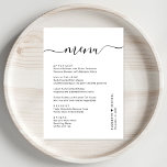 Chic Script Wedding Reception Menükarte<br><div class="desc">Chic Hochzeitsmenü mit "menu" in einem stilvollen Kalligraphie-Skript mit Swashes,  Ihr individuelles Menü in der einfachen modernen Typografie,  Ihre Vornamen verbunden mit einem Herz und Ihr Empfang Datum.</div>