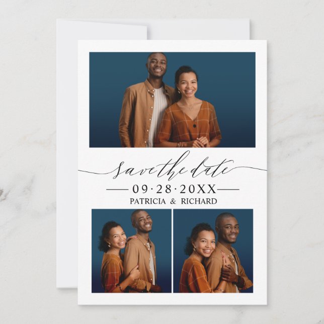 Chic Script Wedding Save the Date 3 Foto Collage Einladung (Vorderseite)