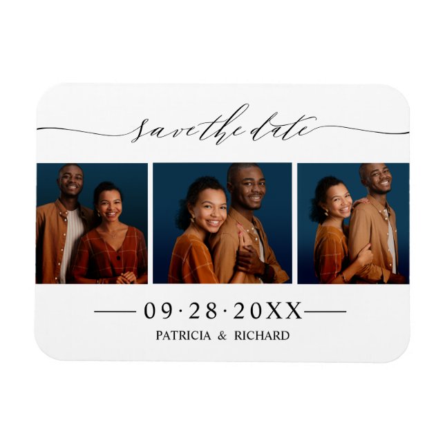 Chic Script Wedding Save the Date 3 Foto Collage Magnet (Horizontal)