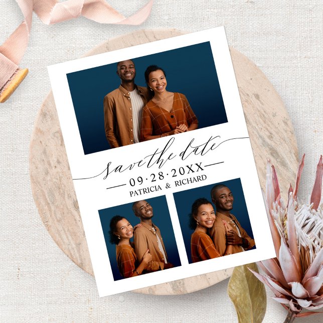 Chic Script Wedding Save the Date 3 Foto Collage Postkarte (Von Creator hochgeladen)