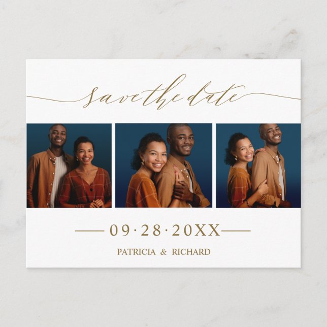 Chic Script Wedding Save the Date 3 Foto Collage Postkarte (Vorderseite)