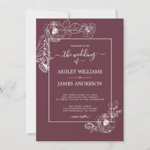 Chic Script White Floral Kontur Burgund Hochzeit Einladung