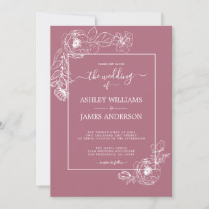Chic Script White Floral Kontur Cassis Wedding Einladung