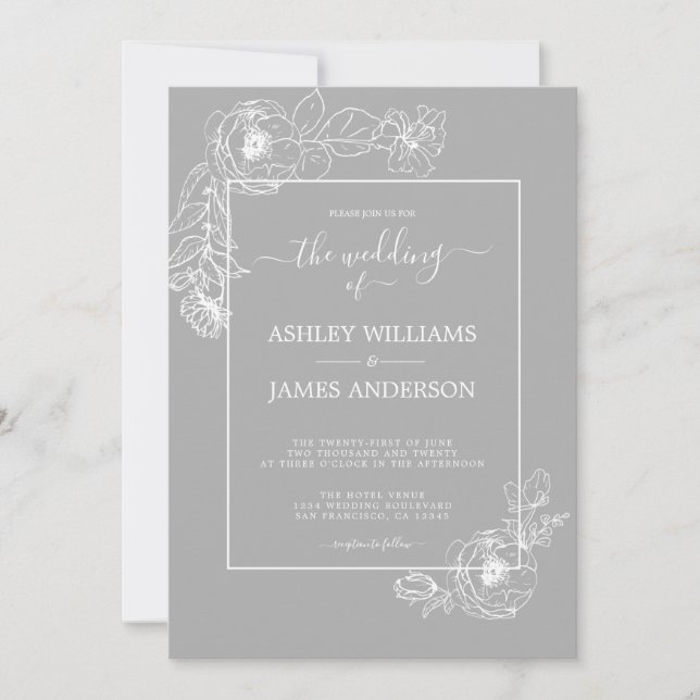 Chic Script White Floral Kontur Gray Wedding Einladung (Vorderseite)