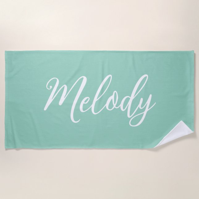 Chic Seafoam Green Custom Name Handwritten Script Strandtuch (Vorderseite)