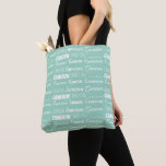 Chic Seafoam Green Personalized Name Collage Tasche<br><div class="desc">Chic seaside mint green name collage tote bag decorated in nine different fonts spelling a custom name in white. Cute personalized gift with trendy typography.</div>
