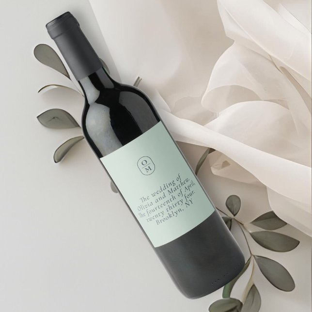 Chic Seafoam Grün Monogramm Hochzeit Weinetikett (Von Creator hochgeladen)
