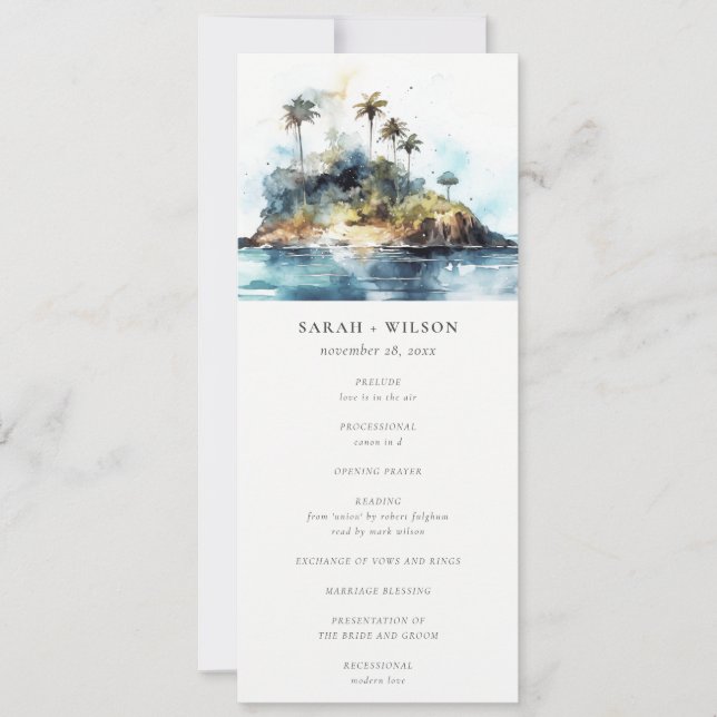 Chic Seascape Palm Tree Island Wedding Programm (Vorderseite)