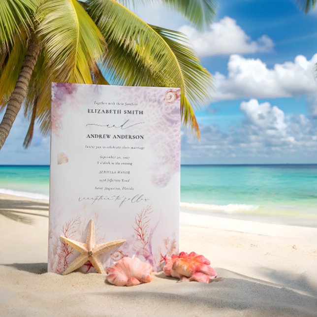Chic Seashells Coral Underwater QR Code Hochzeit Einladung (Von Creator hochgeladen)