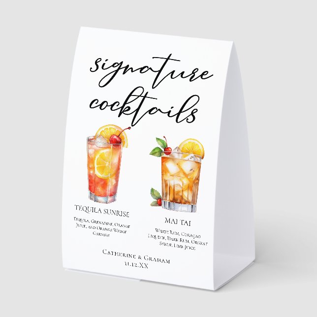 Chic Seaside Wedding Signature Cocktails Menu Tischaufsteller (Vorderseite)
