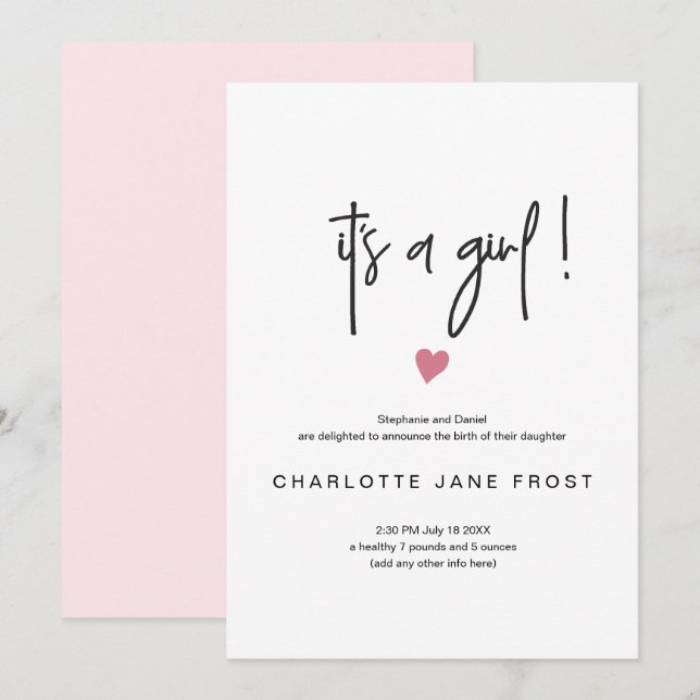 Chic seine a Girl Birth Ankündigung Tiny Pink Herz (Vorne/Hinten)