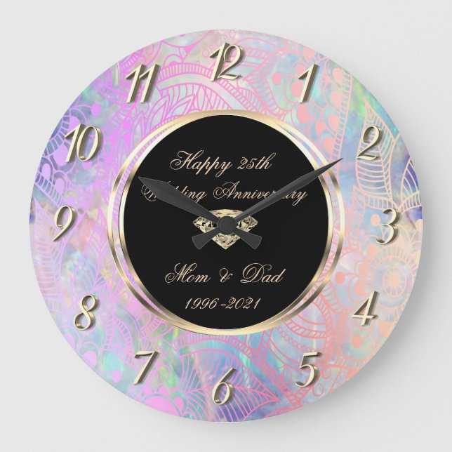 Chic Shadow Gold Mandala 25th Wedding Anniversary Große Wanduhr (Vorderseite)