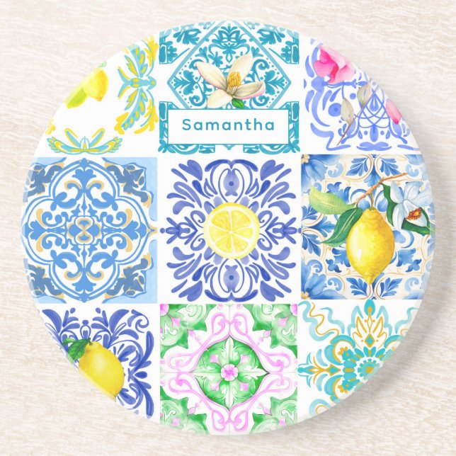 Chic Sicilian azulejo Amalfi Mediterrane Fliesen Getränkeuntersetzer (Vorne)