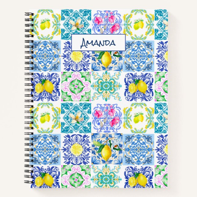 Chic Sicilian azulejo Amalfi Mediterrane Fliesen Notizbuch (Vorderseite)