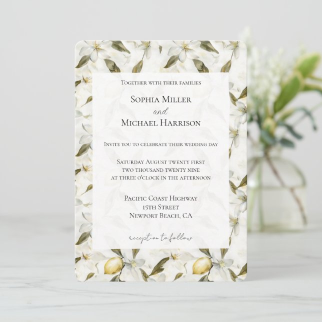 Chic Sicilian Summer Lemons Floral Wedding Einladung (Stehend Vorderseite)