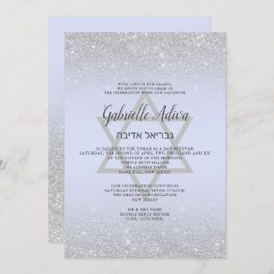 Chic silber Glitzer Drehbuch Lavender Bat Mitzvah Einladung