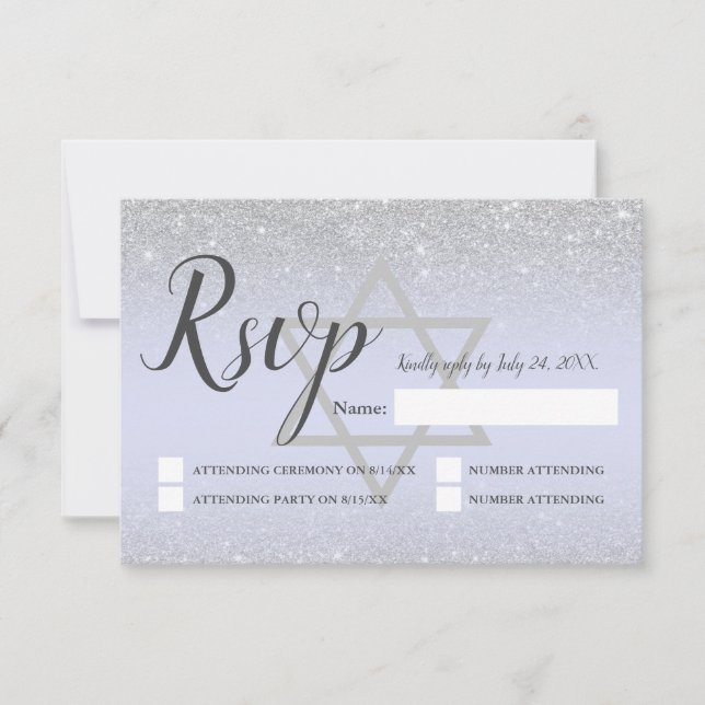 Chic silber Glitzer Drehbuch Lavender Bat Mitzvah RSVP Karte (Vorderseite)