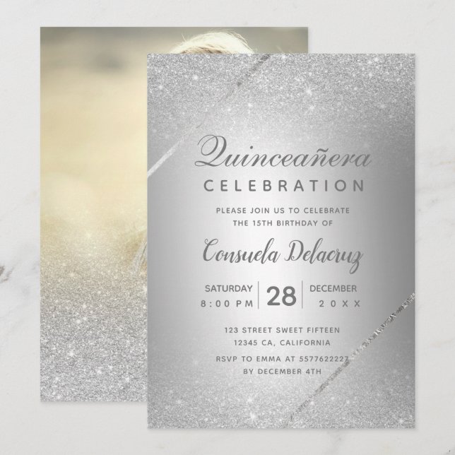 Chic Silber Glitzer Drehbuch Metallic Quinceanera Einladung (Vorne/Hinten)