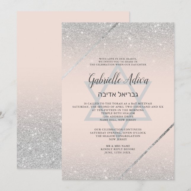 Chic silber Glitzer Drehbuch rot pink Bat Mitzvah Einladung (Vorne/Hinten)