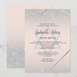 Chic silber Glitzer Drehbuch rot pink Bat Mitzvah Einladung