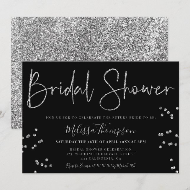 Chic Silber Glitzer Drehbuch Schwarzes Brautparty Einladung (Vorne/Hinten)