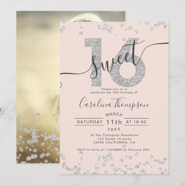 Chic silber Glitzer Konfetti rot Sweet 16 Foto Einladung (Vorne/Hinten)