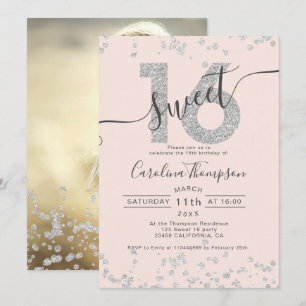 Chic silber Glitzer Konfetti rot Sweet 16 Foto Einladung
