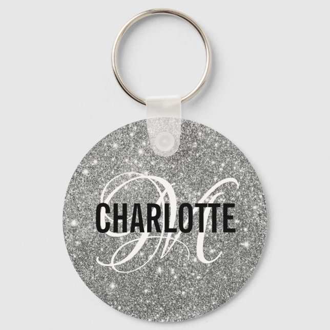 Chic silber Glitzer Monogramm Name Schlüsselanhäng Schlüsselanhänger (Vorderseite)