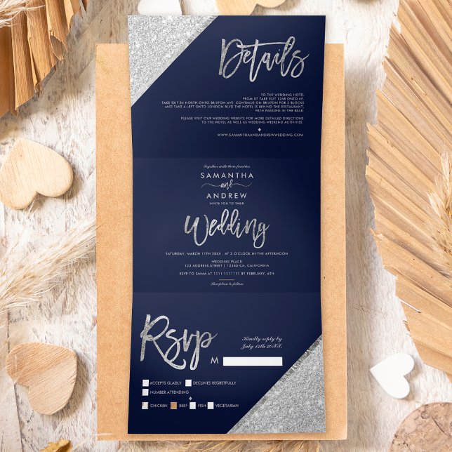 Chic silber Glitzer Typografie Marine blaue Hochze Dreifach Gefaltete Einladung (Von Creator hochgeladen)