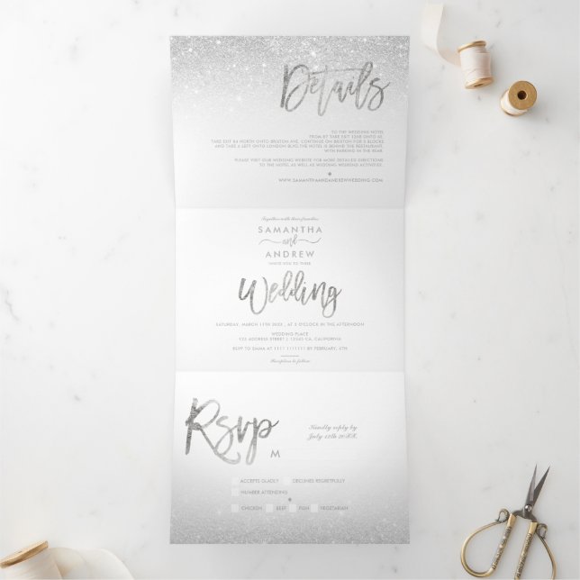 Chic silber Glitzer typografie ombre White wedding Dreifach Gefaltete Einladung (Innenseite)
