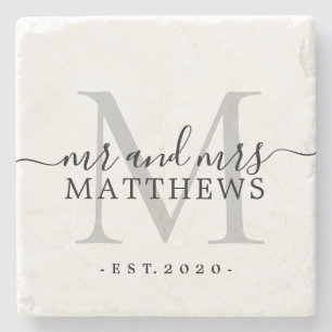 Chic Silber Monogramm Schrift Name Hochzeitsdatum Steinuntersetzer