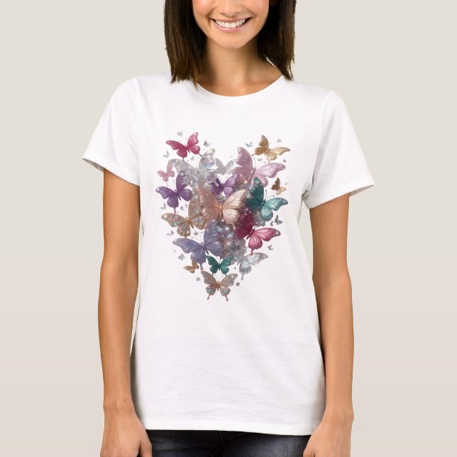 Chic Silber SCHMETTERLINGE HERZ Shirt Design (Vorderseite)